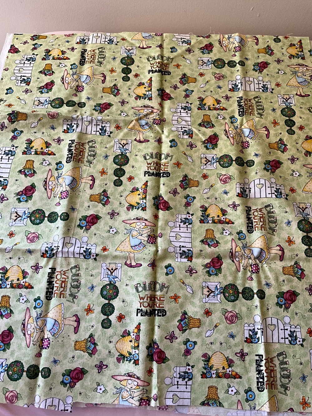 Vintage 2001 Mary Engelbreit Cranston Gardening Cotton Fabric Remnant 24”x44”